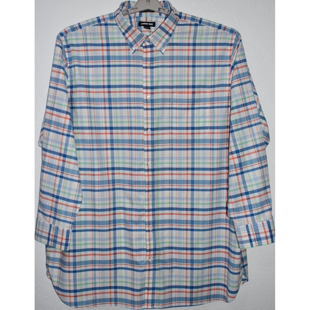 Lands' End Supima No-Iron Oxford Shirt 19-37 Tall Traditional Fit Plaid Long Slv
